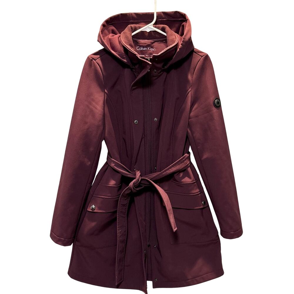 Calvin Klein Trench Coat Women XS Red Maroon Water Resistant Belted Hooded